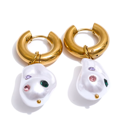 Baroque Pearl Huggie Earring multicolor CZ