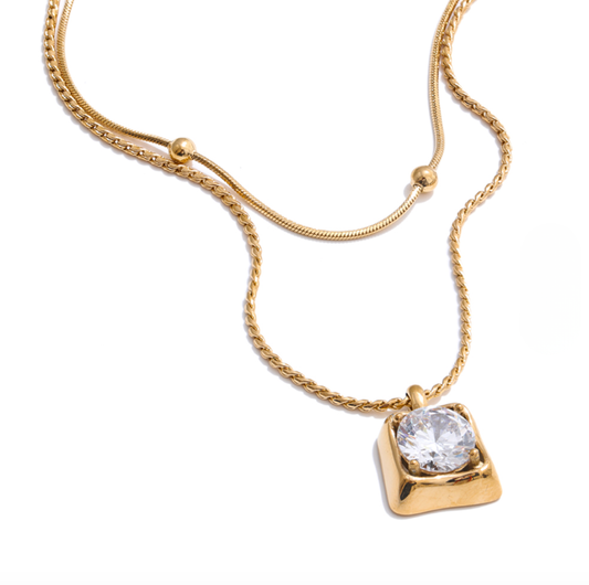 DAPHNE Double Strand CZ Square Pendant Necklace