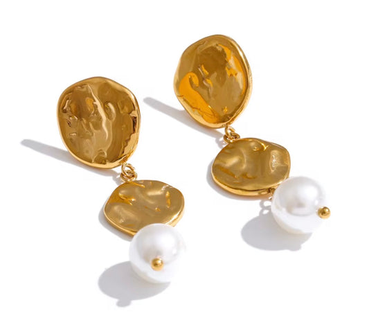 Hammered Metal Circle Drop with Pearl Earrings