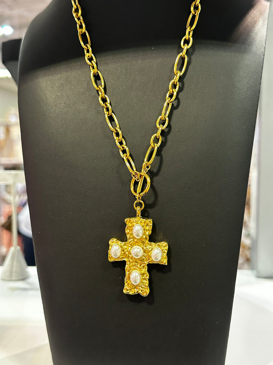 Chunky Chain Pearl Cross Necklace