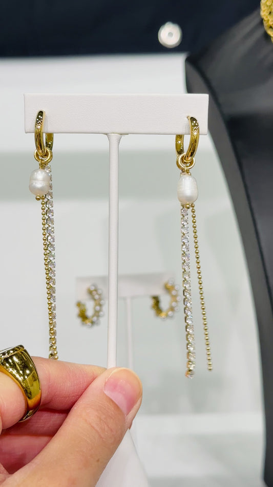 Huggie Earrings with Pearl and CZ Fringe